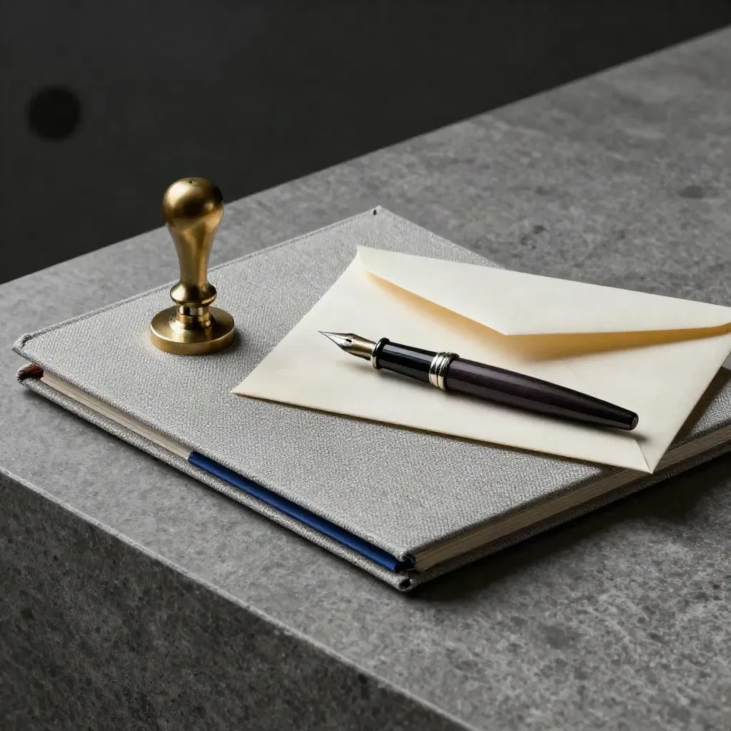 Sello notarial de latón, pluma estilográfica y carpeta de lino junto a un sobre marfil.