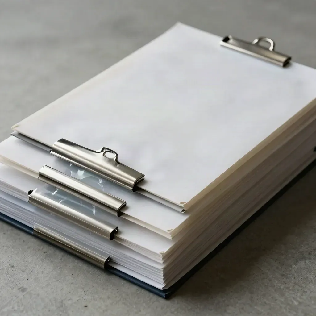 Fundas de archivo y pinzas metálicas sobre hormigón claro, en una composición limpia y precisa.