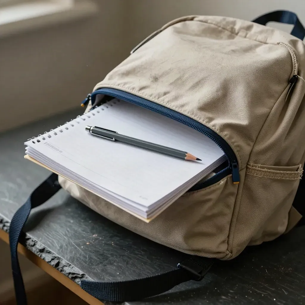 Mochila de lona abierta con cuadernillo de examen, lápiz mecánico y carpeta, a la luz suave.