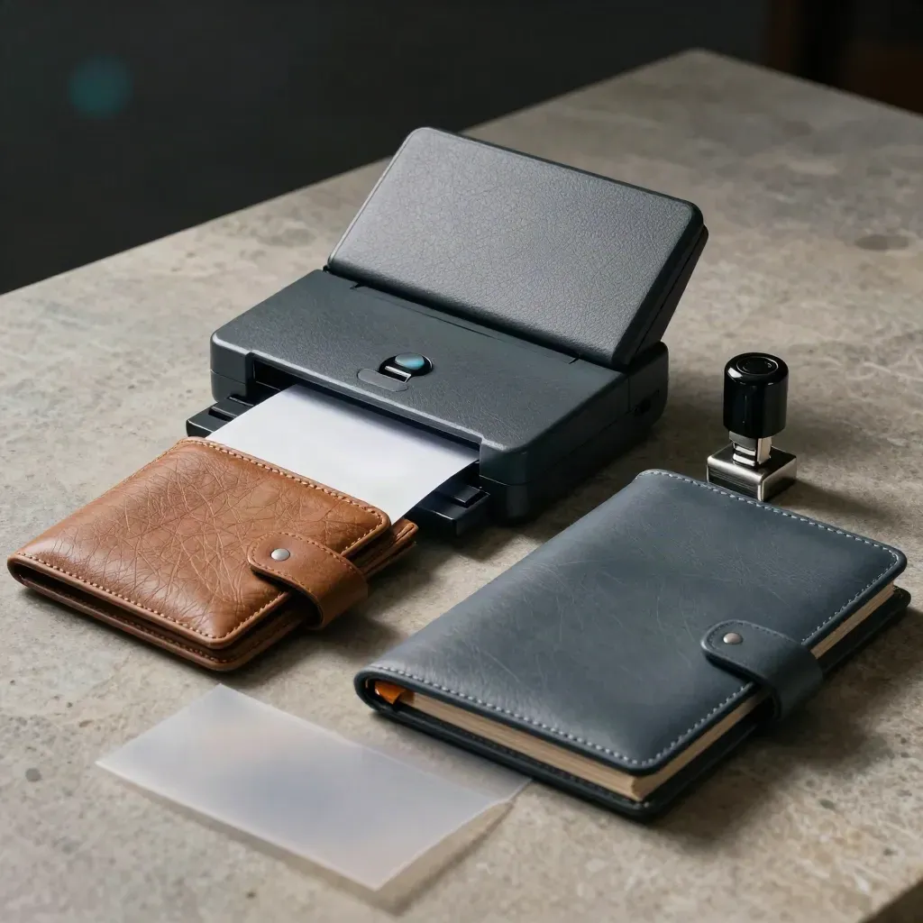 Escáner portátil, cartera de recibos y sello compacto sobre portafolios de viaje.